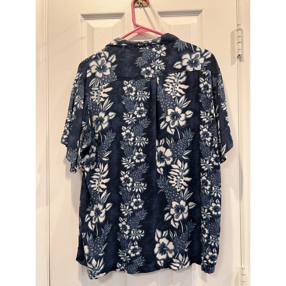 Makai Beach Wear Hawaiian Shirt Men Large Navy Blue White Floral Pineapple Rayon - Picture 5 of 5